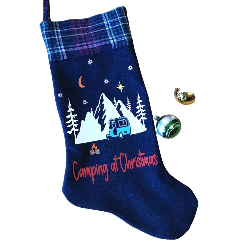 Recycled Denim Christmas Stocking Mountains Cabin Decor Camping Fishing M - L